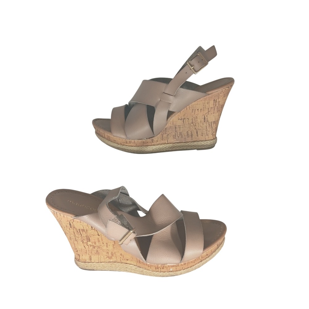 Maurices Wedge Sandals 8‎ Taupe Cork Espadrille Platform Boho Strappy Buckle